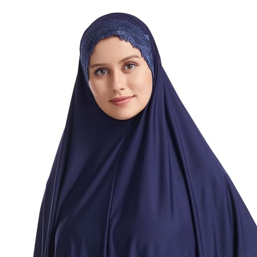 Muslim Women's Instant Big Hijab Jersey Turbans Khimar Abaya Soft Prayer Scarf, 1pc Lace - color: Navy, size: Large
