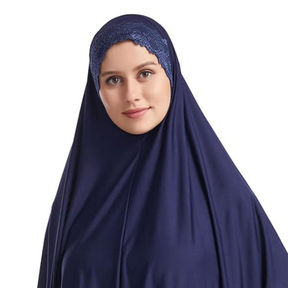Muslim Women's Instant Big Hijab Jersey Turbans Khimar Abaya Soft Prayer Scarf, 1pc Lace - color: Navy, size: X-Large