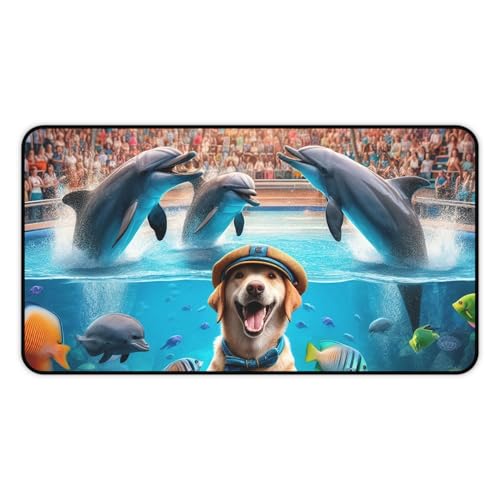 Dog Training Dolphins at an Aquarium - Vibrant Colors Rubber Base Smooth Surface Premium Desk Mat - size: 12" × 22"