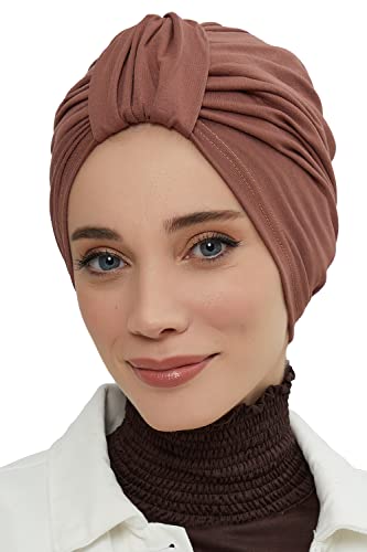 Aisha's Design Instant Turban Plain Cotton Scarf Head Wrap Lightweight Hat Bonnet Cap for Women - color: Caramel Brown