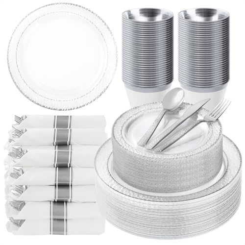 Bestluck 350PCS Clear Plastic Plates with Silver Trim for 50 Guests, - color: Silver, size: 50 Guests Set