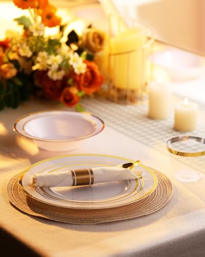 BESTVIP 400PCS Gold Plastic Dinnerware Set, Disposable Party Supplies for 50 Guests - Include 100 Plates, 50 Leak-Proof Soup Bowls, 50 Pre Rolled Napkins with Gold Silverware, 50 Cups - color: White & Gold, size: 50 Guests
