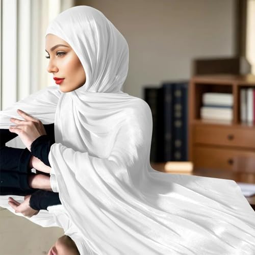Premium Hijab Head Scarf for Women Lightweight Shimmer Hijab Head Wrap Scarves Crepe Satin Scarf Shawl Wrap - color: White