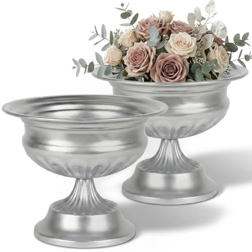 WORTH Small Urn Vases for Centerpieces Set of 2, Classic Metal Trumpet Flower Pots for Table, Bowl Vase for Wedding Party Event Home Deco (Silver, 7.8" Dia x 6.1" H), Smooth, Non-Aged Finish - color: Silver, size: 2x Small