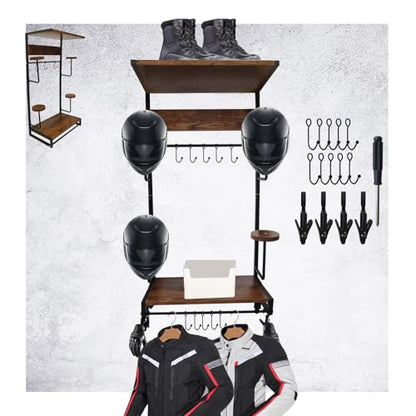 Motorcycle Helmet Holder Wall Mounted Motorcycle Gear Helmet Hook Rack Storage Helmet Hanger Display Stand Football Helmet Wall Mount with 2 Layer Wooden Boards and 4 Hat 14 Accesorios(Upgraded)