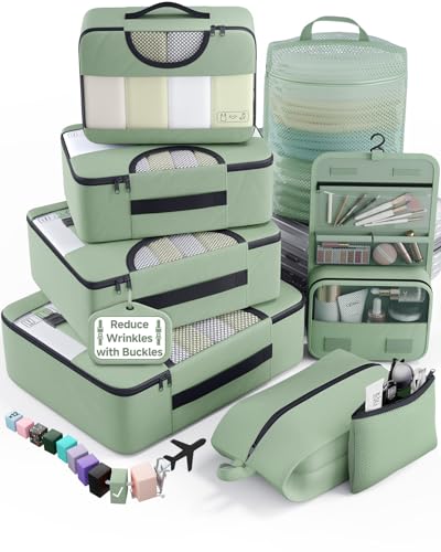 Veken 8 Set Packing Cubes for Travel Essentials,Anti-Wrinkle Buckled Suitcase Organizer for Shoe & Toiletry Bag,Carry On Luggage Bag with 99+ Count Mesh Holes for Airplane & College Dorm Accessories - color: 09 Matcha Green