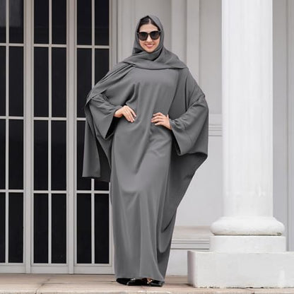 IDOPIP Abayas for Women Muslim Dress with Hijab, One-Piece Long Sleeve Islamic Prayer Dress with Khimar Jilbab Kaftan Clothes - color: Gray + Hijab