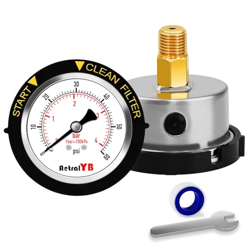 60PSI Pool Filter Pressure Gauge, 2 inches Dial, 1/4" NPT Back Mount, 304Stainless Steel Case, IP67 Waterproof, Clean Filter Indicator, for Swimming Water Pump Spa Aquarium Pressure Test - size: Back Mount