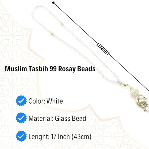 Muslim Tasbih 99 Rosary Beads with Pouch - Islamic Prayer Beads, Muslim Rosary Beads, Zikr Beads, Tasbeeh, Misbaha, Masbaha, Tespih, Bead Necklace for Women TS0206 - color: White