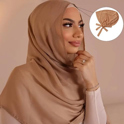 Women Under Scarf Hat Hijab Undercap Islamic Muslim Under Scarf Hijab Cap with Tie-Back Closure - color: Black+nude