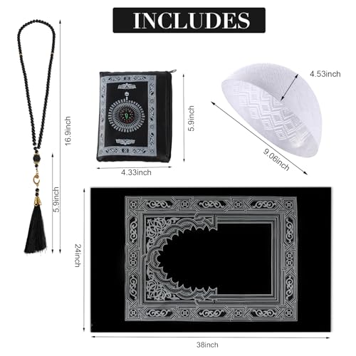 Kufi Hats for Men with Portable Travel Prayer Mat Islam and Tasbih Prayer Beads Set,Islamic Gift,Muslim Gifts,Eid Mubarak Gifts,Ramadan Gifts,Muslim Prayer Rug,Muslim Cap,Muslim Prayer Beads Set