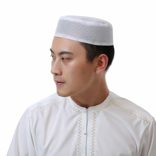 JIAHG 3pcs Breathable Mesh Fabric Muslim Prayer Kufi Skull Cap Islam Kufi Headware Takke Praying Beanie Hat Kofia Topi Hat - color: White-3pcs/Pack