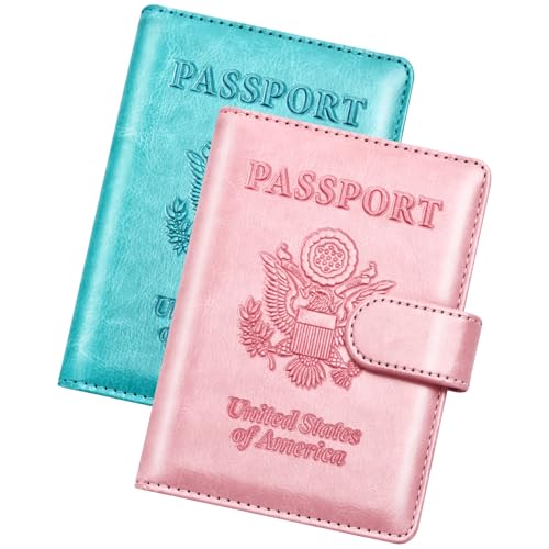 Herain Passport Holder for Travel Essentials, 2 Pcs Passport Cover Wallet Case Travel Gifts Women Men Family, RFID Passports Book Card Holders Travels Cruise Accessories Must Haves - color: B-Turquoise + Pink, style: Upgraded