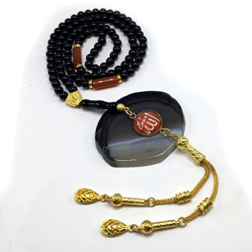 Special Prayer Beads Series -99 beads- Tesbih Tasbih Tasbeeh Misbaha Masbaha Subha Sebha Sibha (Black Shiny Agate Stone and Allah Tassel Design -6 mm Small Beads-) - color: Black Shiny Agate Stone and Allah Tassel Design -6 mm Small Beads-