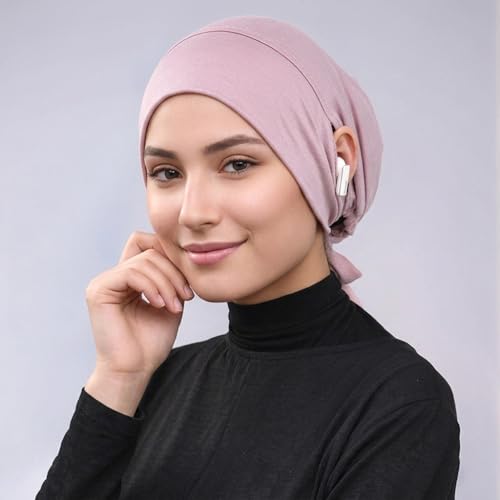 Jersey Hijab Undercap with Earhole, Slouchy Stretch Beanie Inner Caps, Breathable Under Scarf Liner Cap (1PC/3PC) - color: White+pink+beige