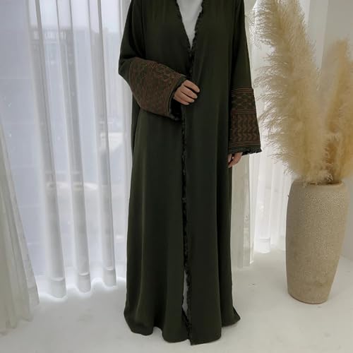Muslim Dresses for Women Ramadan Kimono Long Sleeve Embroidered Islamic Cardigan Prayer Dress Abaya Kaftan with Belt - color: Green, size: X-Large