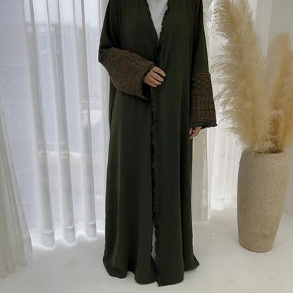 Muslim Dresses for Women Ramadan Kimono Long Sleeve Embroidered Islamic Cardigan Prayer Dress Abaya Kaftan with Belt - color: Green, size: XX-Large