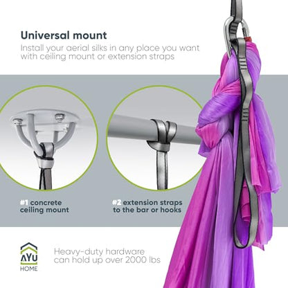 AyuHome Aerial Silks Kit for Home - Premium Yoga Swing for Adults with 660 lbs Capacity - Versatile Aerial Yoga Hammock for Gymnastics Training - color: Aerial silk - Purple & Pink - New