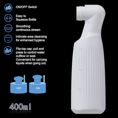 2-Pack Travel Bidet, 400ml/14.1oz Portable Handheld Bottle, White, with Lockable Nozzle and Flip-Top Cap