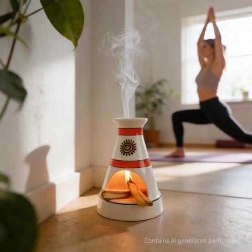MOUGIGI Handcrafted Sun Totem Ceramic palo santo sticks holder with - Tent-Shape Mini chiminea for Sage, Incense Cones & Smudging Rituals -Thoughtful Gifts for Yoga, Meditation, Ash, Zen, Aromatherapy - color: Pulse Thread Palo
