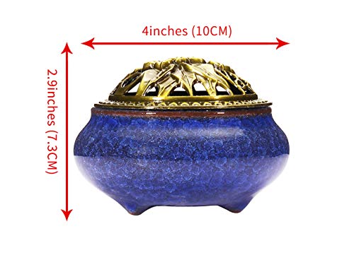 Miupoo Incense Burner and Cone Incense Holder with Brass Incense Stick Holder Ceramic Ash Catcher (Dark Blue) - color: Dark Blue