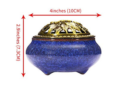 Miupoo Incense Burner and Cone Incense Holder with Brass Incense Stick Holder Ceramic Ash Catcher (Dark Blue) - color: Dark Blue