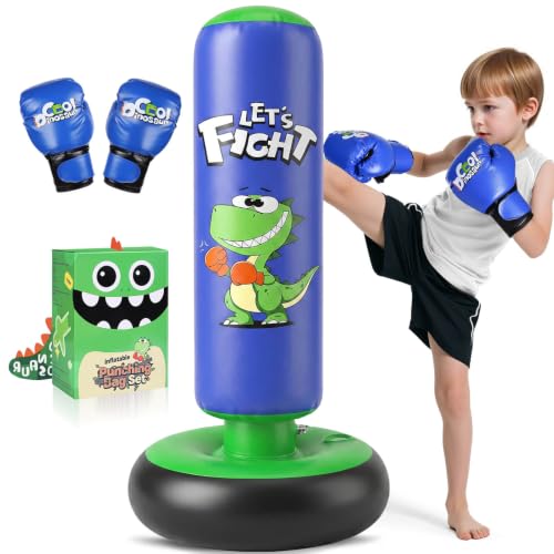 Inflatable Punching Bag, 48" Punching Bag for Kids with Boxing Gloves, Stable Boxing Set for Karate, Taekwondo,Dinosaur Toy & Gifts for Boys 3 4 5 6 7 8 Year Old - color: Blue