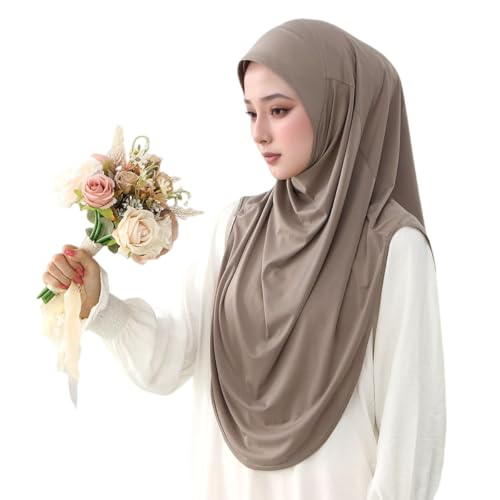 Yeieeo Women's Instant Hijab, Premium Crystal Knit Full Coverage Ready to Wear Long Headscarf, Breathable Stretch Hijab - color: Khaki