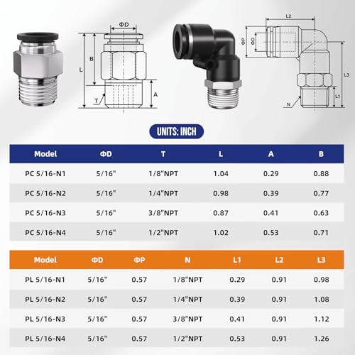 1/4 Push to Connect Fittings npt Thread to 5/16 Air Line quick | Pneumatic Tubing Hose 5/16 OD Tube to 1/4 npt, Male Elbow 90 Degree Straight Coupler - size: 5/16"OD x 1/4"NPT