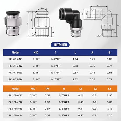 1/4 Push to Connect Fittings npt Thread to 5/16 Air Line quick | Pneumatic Tubing Hose 5/16 OD Tube to 1/4 npt, Male Elbow 90 Degree Straight Coupler - size: 5/16"OD x 1/4"NPT