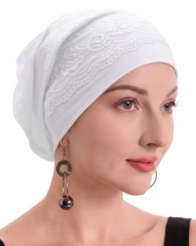 ZLYC Hijab Cap for Muslim Women Soft Stretchy Open-Back Inner Undercap - color: Lace Solid White