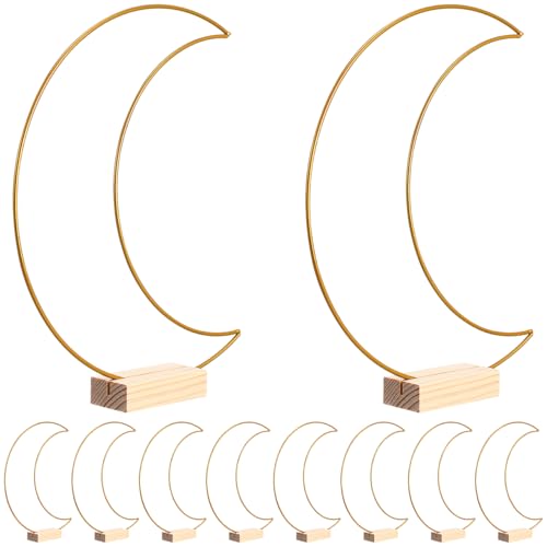 BESTOYARD 10 Sets Moon Shaped Metal Floral Hoop with Wooden Base, DIY Wreath Macrame Gold Hoop Moon Arch, Dream Catcher Ring for Wedding, Floral Decor, Baby Shower, Christmas Decorations