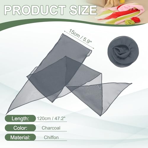 Chiffon Scarf for Women, Long Skinny Chiffon Neckerchief with Detachable Rose Flower Light Soft for Hair Ribbon - color: Charcoal