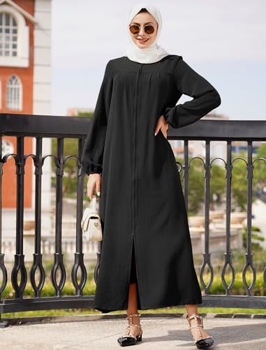 AWIBMK Women Abaya Dubai Stand Collar Zip Up Prayer Dress with Pockets Muslim Arabian Robe Modest Islamic Clothing - color: Black, size: Small