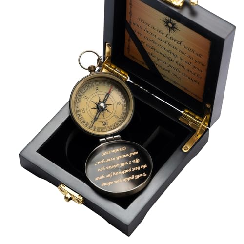 God's Guide & Blessing Compass, Trust in The Lord Compass, Wood Box Greeting, Inspirational Gift Men, Christian Boys Baptism Gifts, Graduation Day with Wooden Box - color: 1.Bronze GOD's Guide & Blessing Wooden Box