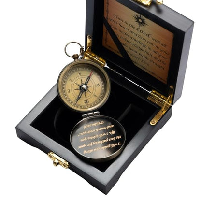 God's Guide & Blessing Compass, Trust in The Lord Compass, Wood Box Greeting, Inspirational Gift Men, Christian Boys Baptism Gifts, Graduation Day with Wooden Box - color: 1.Bronze GOD's Guide & Blessing Wooden Box