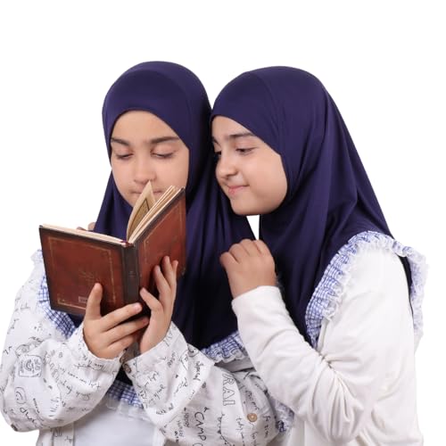 MuLanLegend Cotton Lace Hijab | Princess Nur | Girls Kids Instant Slip-on Scarf Sarong | Ligthweight and Comfortable - color: Navy Blue