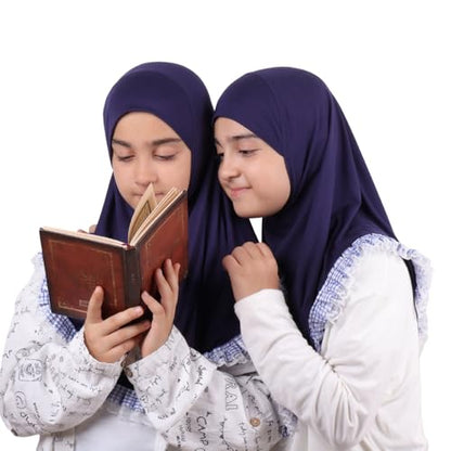 MuLanLegend Cotton Lace Hijab | Princess Nur | Girls Kids Instant Slip-on Scarf Sarong | Ligthweight and Comfortable - color: Navy Blue