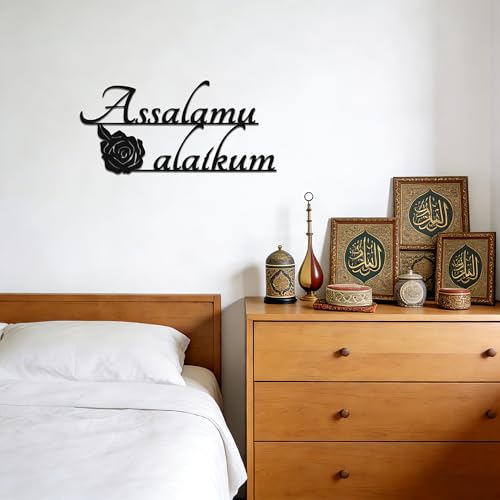 YATEASLU Assalamu Alaikum Sign, Islamic Calligraphy Art | Assalamu Alaikum calligraphy with rose; for living room, mosque; 7x15in; Eid, Ramadan, Muslim gift; Arabic