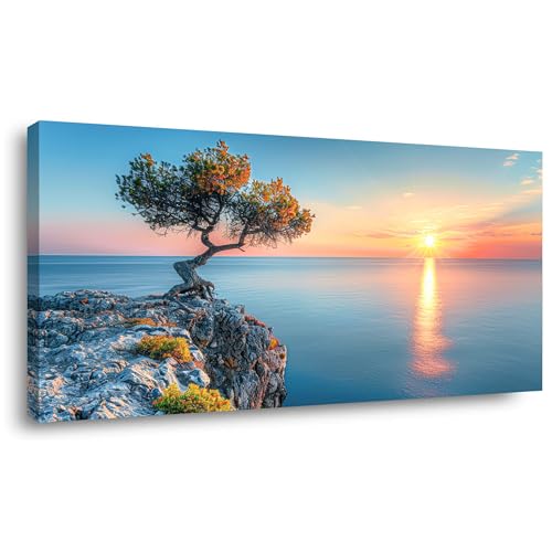 Palderwallart Beautiful Sunrise Sea Landscape Wall Art for Living Room Office Nature Seascape Scenery Colorful Waterscape Lone Tree on Cliff Painting Print Scenic Canvas Artwork Dining (20x40 Inches) - color: Colorful Waterscape Wall Art(Y864), size: 40"L