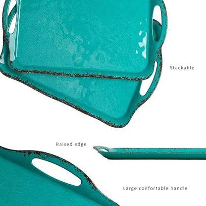 LEHAHA Large Farmhouse Melamine Serving Platters, Serving Tray with Handle for Food, Appetizer, Cupcakes, Dessert, Raised Edge Large Party Platter or TV Dinner Trays, 17.25x12 inch, Set of 2, Teal - color: Teal