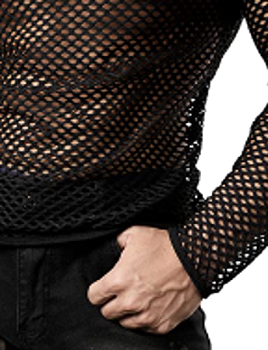 JOGAL Mens Fishnet Mesh Long Sleeve Shirt Fitted Muscle Top - color: Black, size: XX-Large