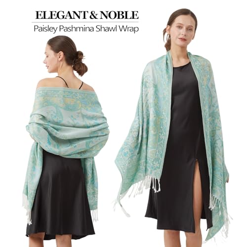 Paisley Pashmina Rave Shawl Scarf-Women's Reversible Ethnic Jacquard Pashmina Wraps for Travel - color: A#. Mint Green