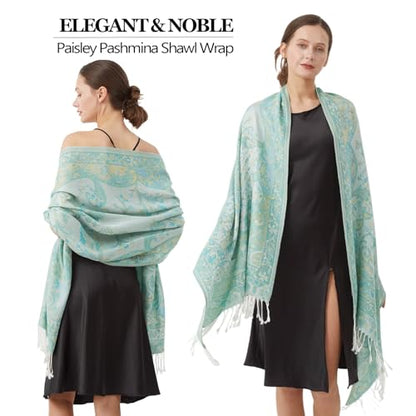 Paisley Pashmina Rave Shawl Scarf-Women's Reversible Ethnic Jacquard Pashmina Wraps for Travel - color: A#. Mint Green