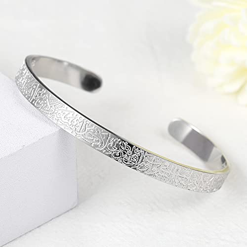AYATUL KURSI CUFF | WOMEN Serenity Prayer Personalised Bracelet Allah Islam Muslim Stainless Steel Bangle Ayatul Kursi Arabic Cuff Bracelet for Women Men Islam Eid Ramadan Gifts - color: Black
