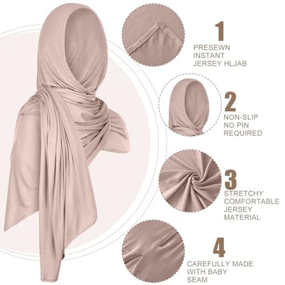 Vabean 4 Pcs Instant Hijab for Women Jersey Hijabs Pinless Ramadan Islamic Muslim Head Wraps Premium Head Scarf Shawl turban - color: Vanilla, Camel, Dark Ginger, Dark Brown