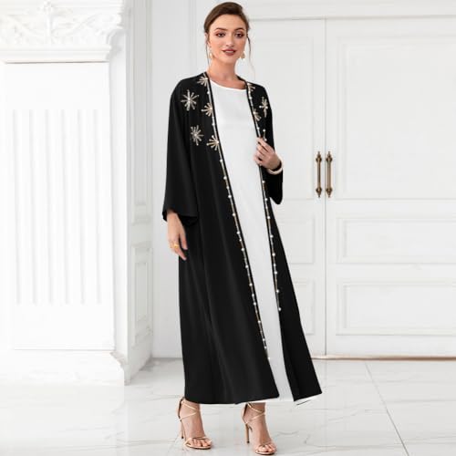 IDOPIP Muslim Abayas for Women Long Sleeve Open Front Cardigan Rhinestone Applique Islamic Dubai Maxi Kaftan Dress with Belt - color: Black, size: XX-Large
