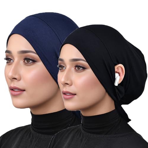 Hijab Undercaps Slouchy Beanies Cap Soft Hijab Caps Under Scarf for Women Muslim Jersey Inner Beain-Cap - color: Black+navy