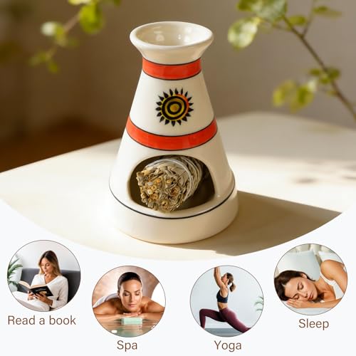 MOUGIGI Handcrafted Sun Totem Ceramic palo santo sticks holder with - Tent-Shape Mini chiminea for Sage, Incense Cones & Smudging Rituals -Thoughtful Gifts for Yoga, Meditation, Ash, Zen, Aromatherapy - color: Pulse Thread Palo