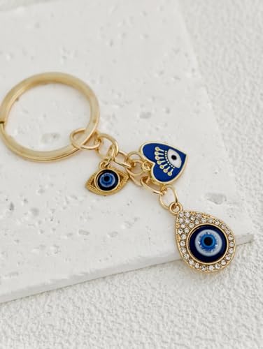 Blue Evil Eye Keychain Hamsa Hand Protection Keyring Good Luck Amulet for Purse Keys,Spiritual Gift for Women Men - color: Gold-3